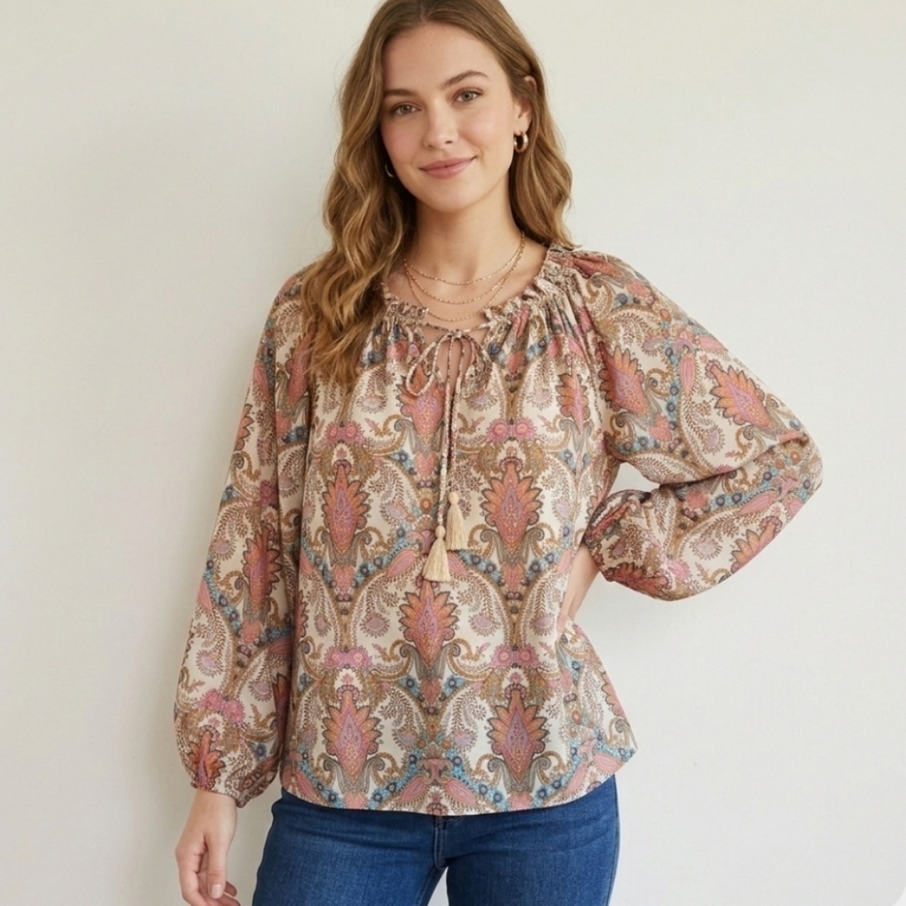 Anthropologie Boemo Boho Chic Paisley Print Tassel Tie Blouse Balloon Sleeves